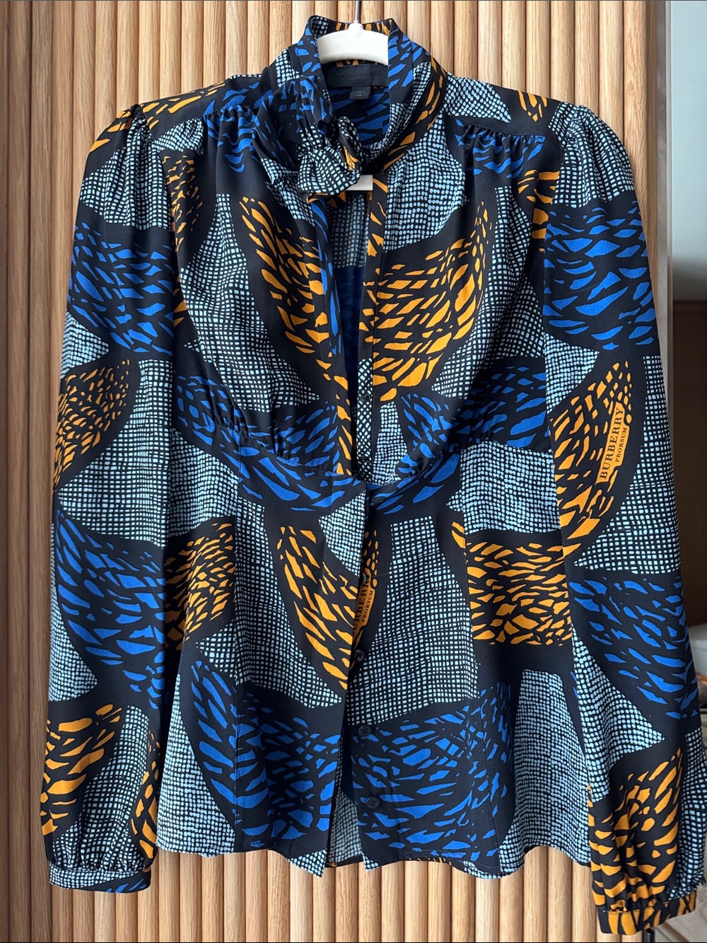 Burberry Blue & Mustard Tie-Neck Printed Blouse